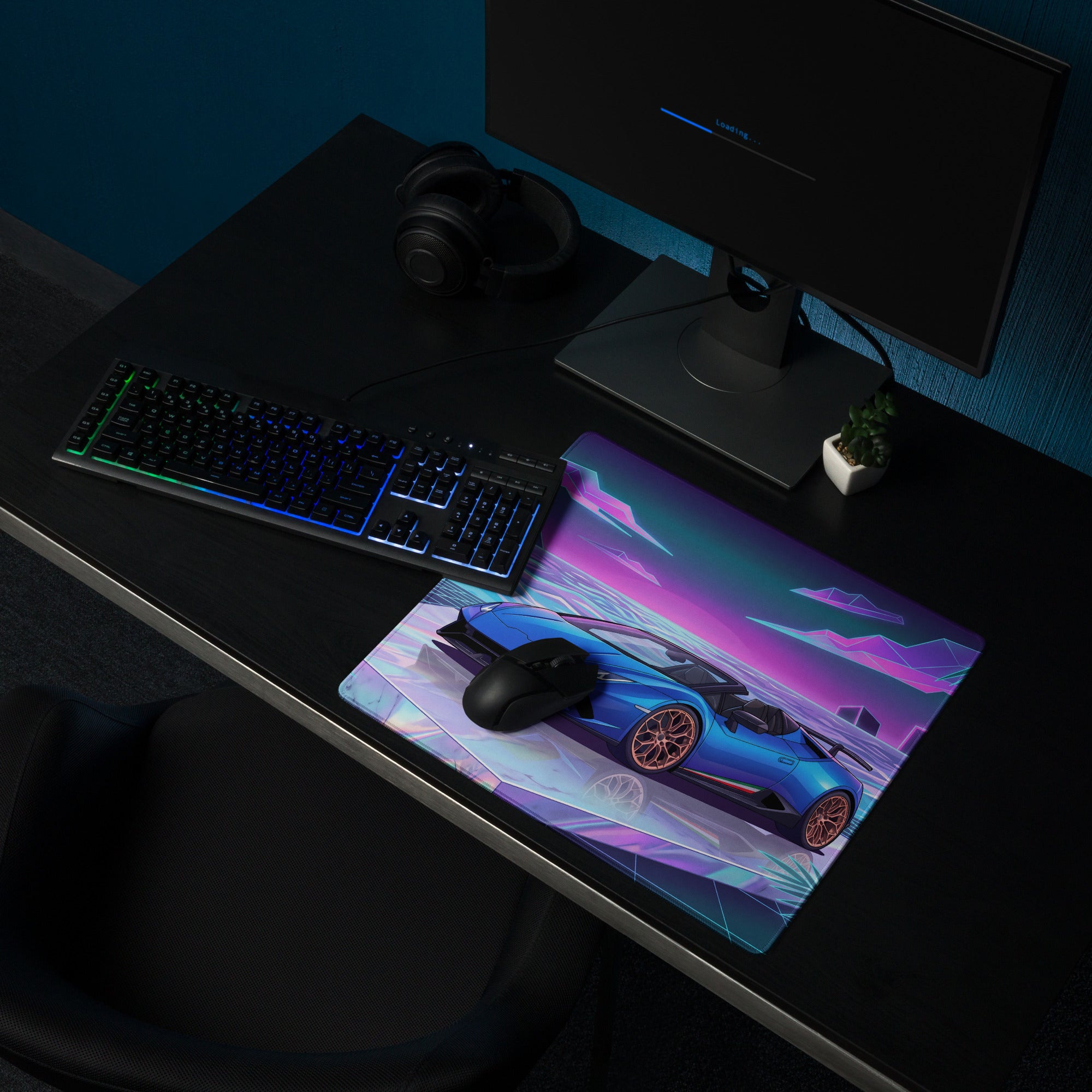 Lamborghini Huracán Performante Spyder Inspired Blue Vaporwave Gaming Mouse Pad – Neon Tropical Ocean Desk Mat, Retro Futuristic Synthwave Supercar Art