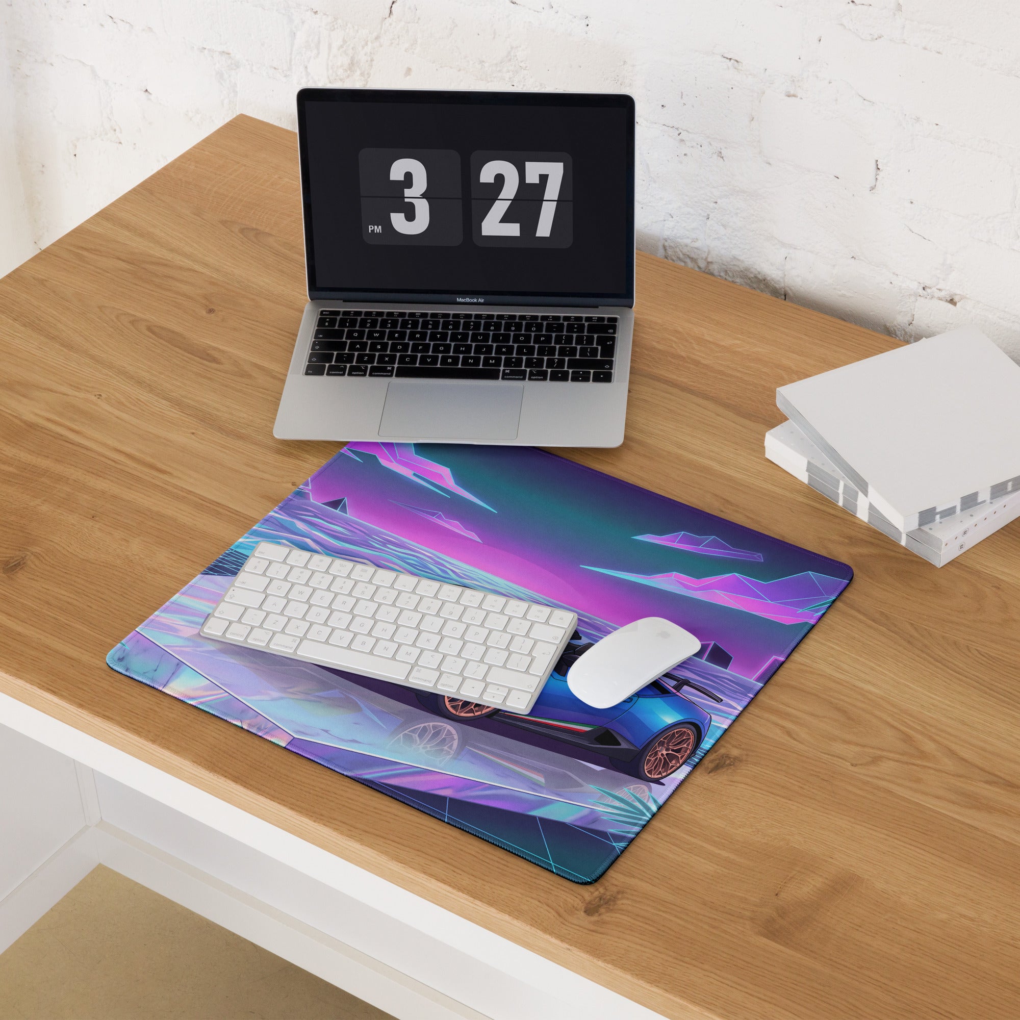Lamborghini Huracán Performante Spyder Inspired Blue Vaporwave Gaming Mouse Pad – Neon Tropical Ocean Desk Mat, Retro Futuristic Synthwave Supercar Art