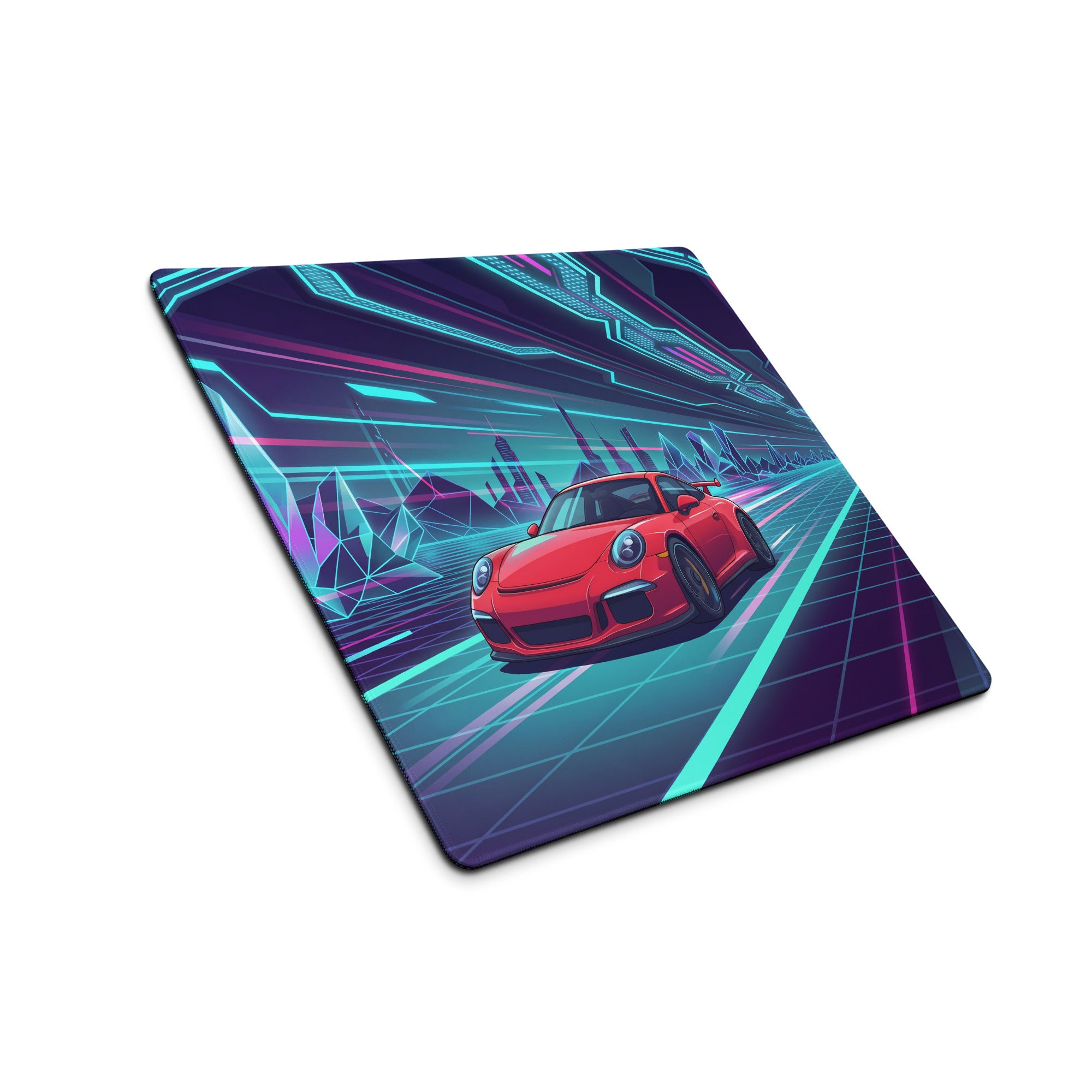 Porsche 911 GT3 Inspired Red Vaporwave Gaming Mouse Pad – Neon Crystal Cyber Tunnel Desk Mat, Retro Futuristic Synthwave Sports Car Digital Art