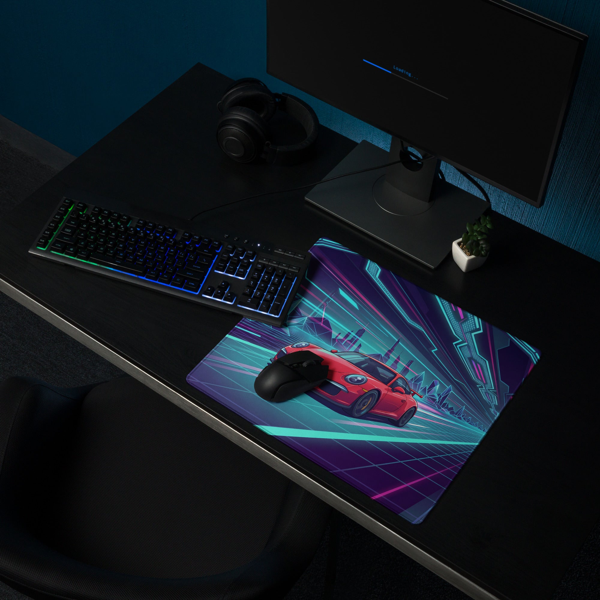 Porsche 911 GT3 Inspired Red Vaporwave Gaming Mouse Pad – Neon Crystal Cyber Tunnel Desk Mat, Retro Futuristic Synthwave Sports Car Digital Art