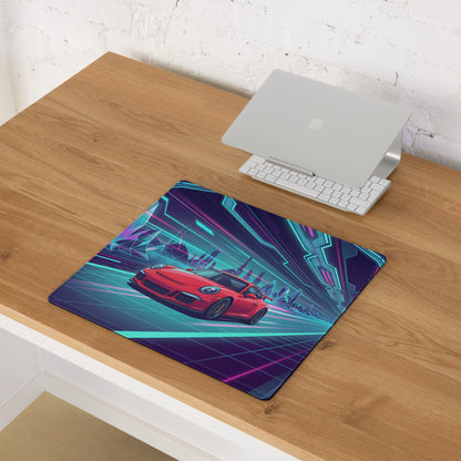 Porsche 911 GT3 Inspired Red Vaporwave Gaming Mouse Pad – Neon Crystal Cyber Tunnel Desk Mat, Retro Futuristic Synthwave Sports Car Digital Art