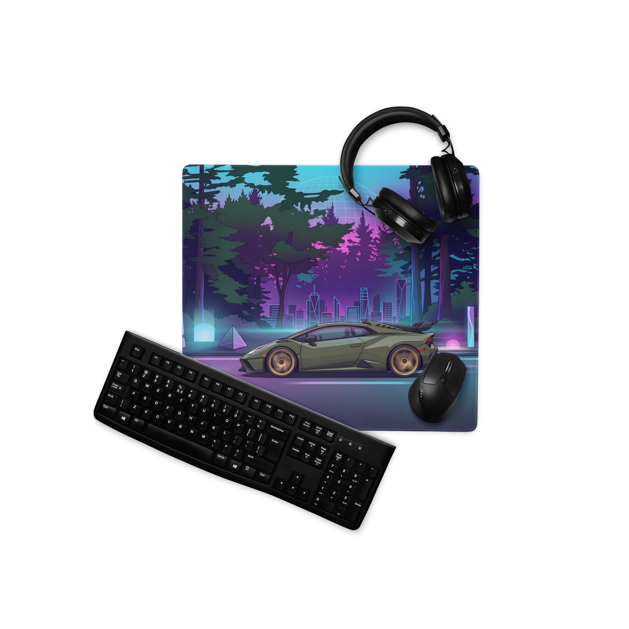 Lamborghini Huracán STO Inspired Olive Green Vaporwave Gaming Mouse Pad – Neon Forest City Desk Mat, Retro Futuristic Synthwave Supercar Digital Art