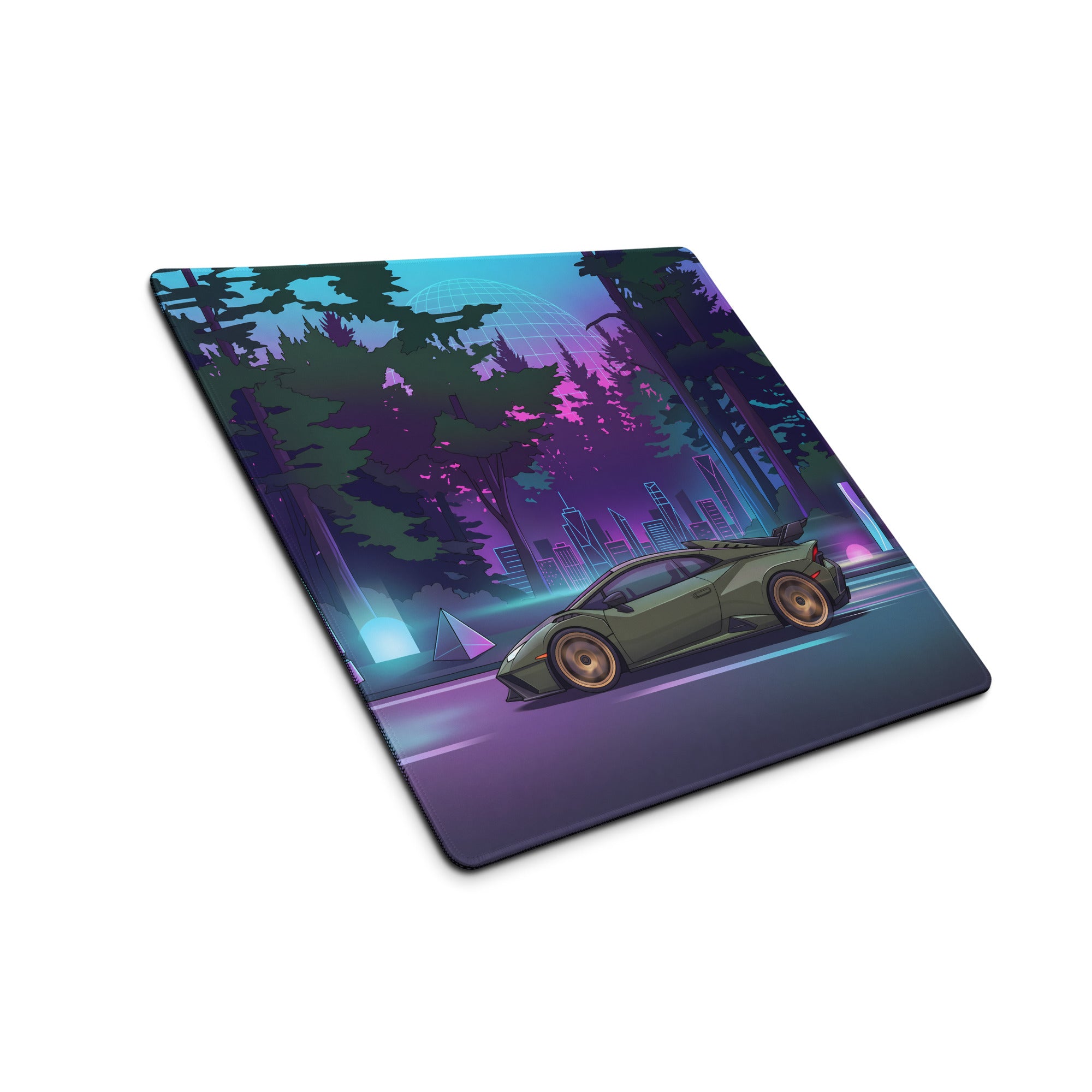 Lamborghini Huracán STO Inspired Olive Green Vaporwave Gaming Mouse Pad – Neon Forest City Desk Mat, Retro Futuristic Synthwave Supercar Digital Art