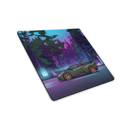 Lamborghini Huracán STO Inspired Olive Green Vaporwave Gaming Mouse Pad – Neon Forest City Desk Mat, Retro Futuristic Synthwave Supercar Digital Art