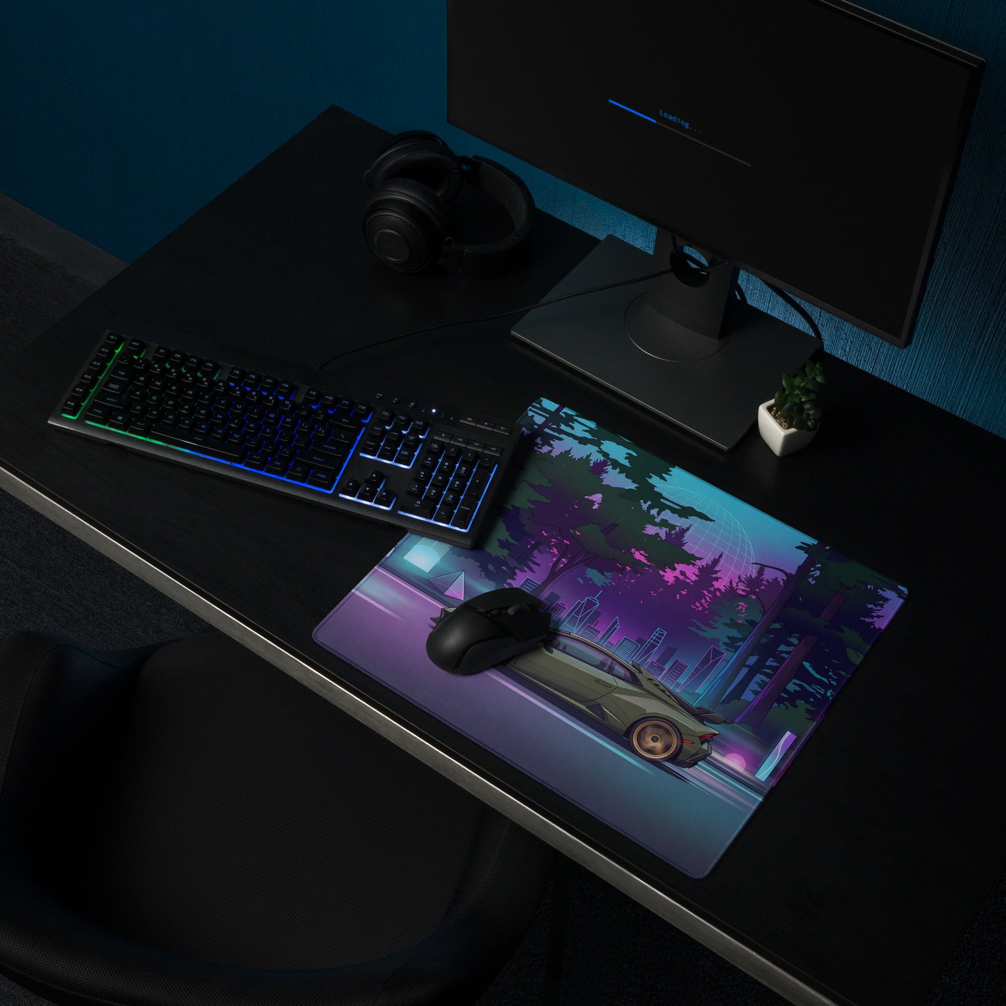 Lamborghini Huracán STO Inspired Olive Green Vaporwave Gaming Mouse Pad – Neon Forest City Desk Mat, Retro Futuristic Synthwave Supercar Digital Art