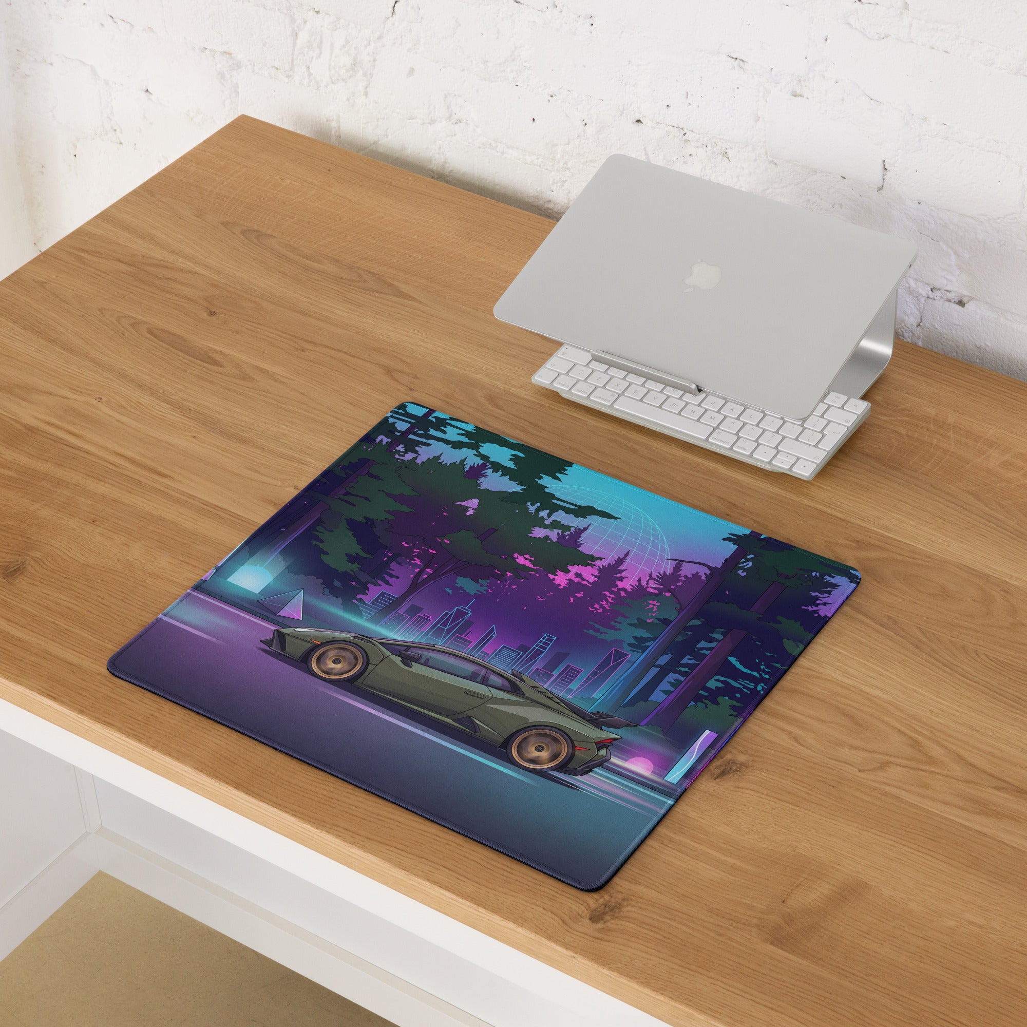 Lamborghini Huracán STO Inspired Olive Green Vaporwave Gaming Mouse Pad – Neon Forest City Desk Mat, Retro Futuristic Synthwave Supercar Digital Art
