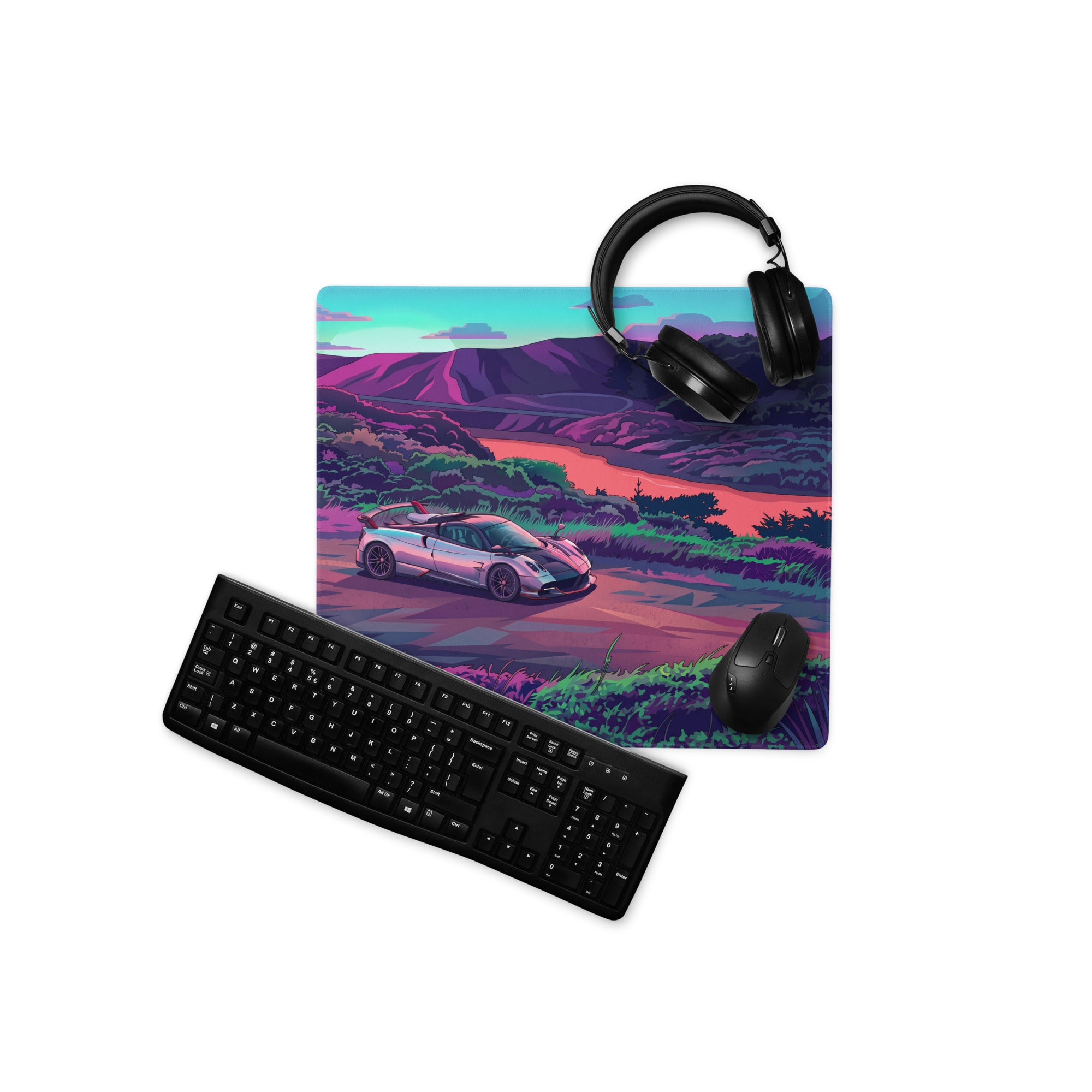 Pagani Huayra Roadster BC Inspired Silver Vaporwave Gaming Mouse Pad – Neon River Valley Desk Mat, Dreamy Retro Futuristic Hypercar Digital Art
