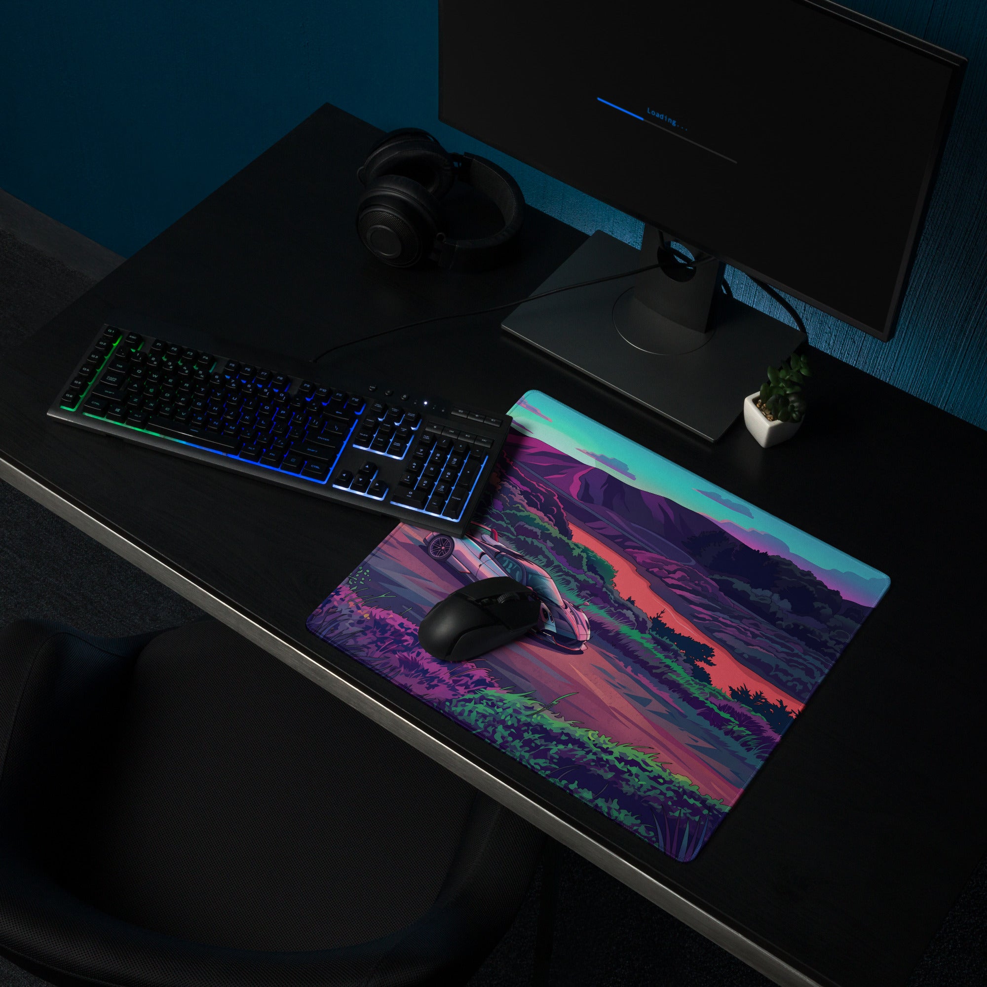 Pagani Huayra Roadster BC Inspired Silver Vaporwave Gaming Mouse Pad – Neon River Valley Desk Mat, Dreamy Retro Futuristic Hypercar Digital Art
