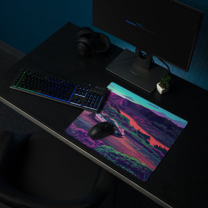 Pagani Huayra Roadster BC Inspired Silver Vaporwave Gaming Mouse Pad – Neon River Valley Desk Mat, Dreamy Retro Futuristic Hypercar Digital Art