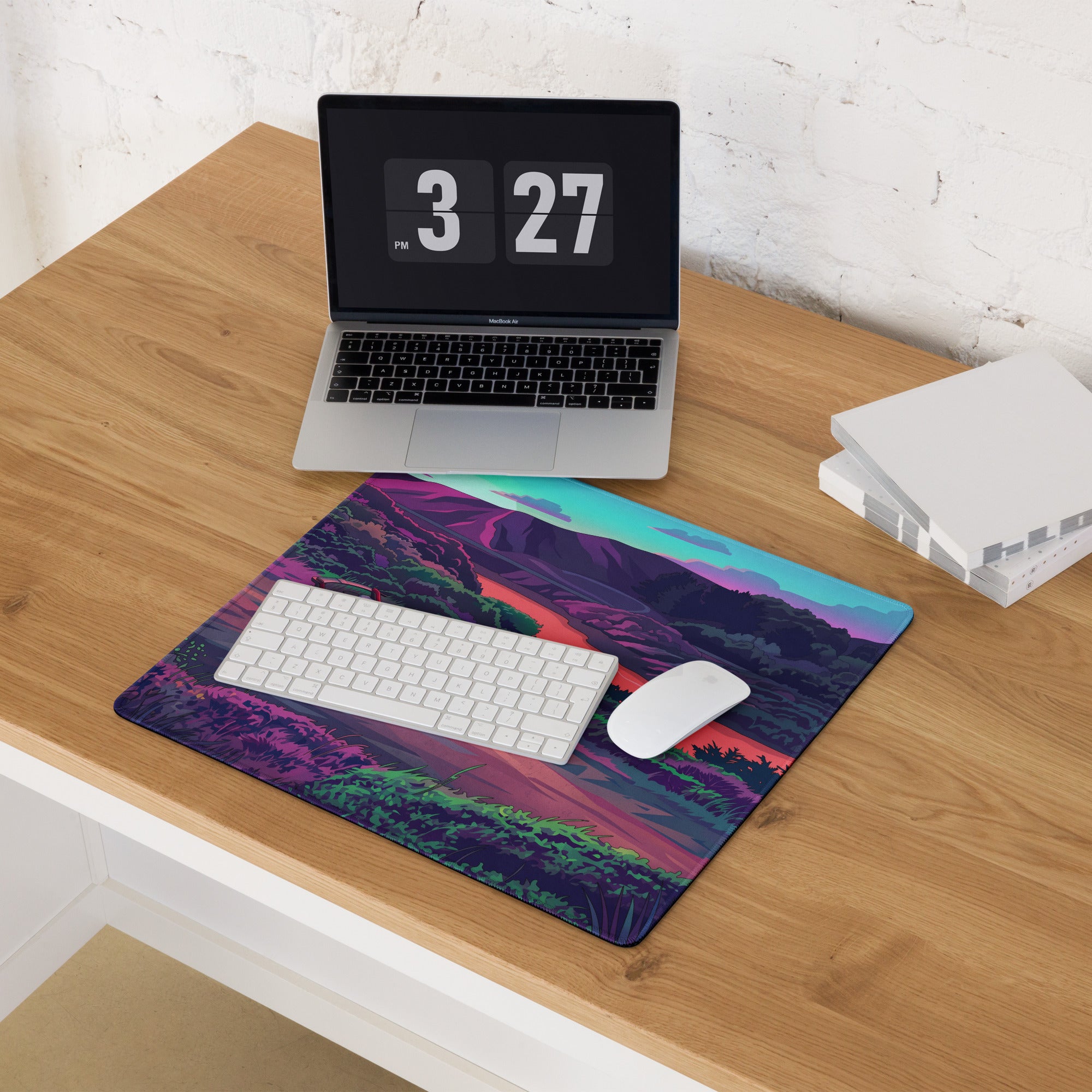 Pagani Huayra Roadster BC Inspired Silver Vaporwave Gaming Mouse Pad – Neon River Valley Desk Mat, Dreamy Retro Futuristic Hypercar Digital Art
