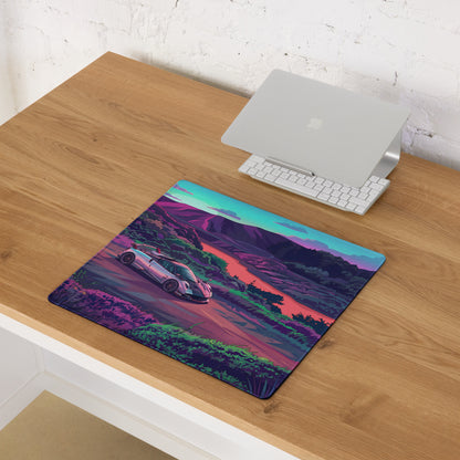 Pagani Huayra Roadster BC Inspired Silver Vaporwave Gaming Mouse Pad – Neon River Valley Desk Mat, Dreamy Retro Futuristic Hypercar Digital Art