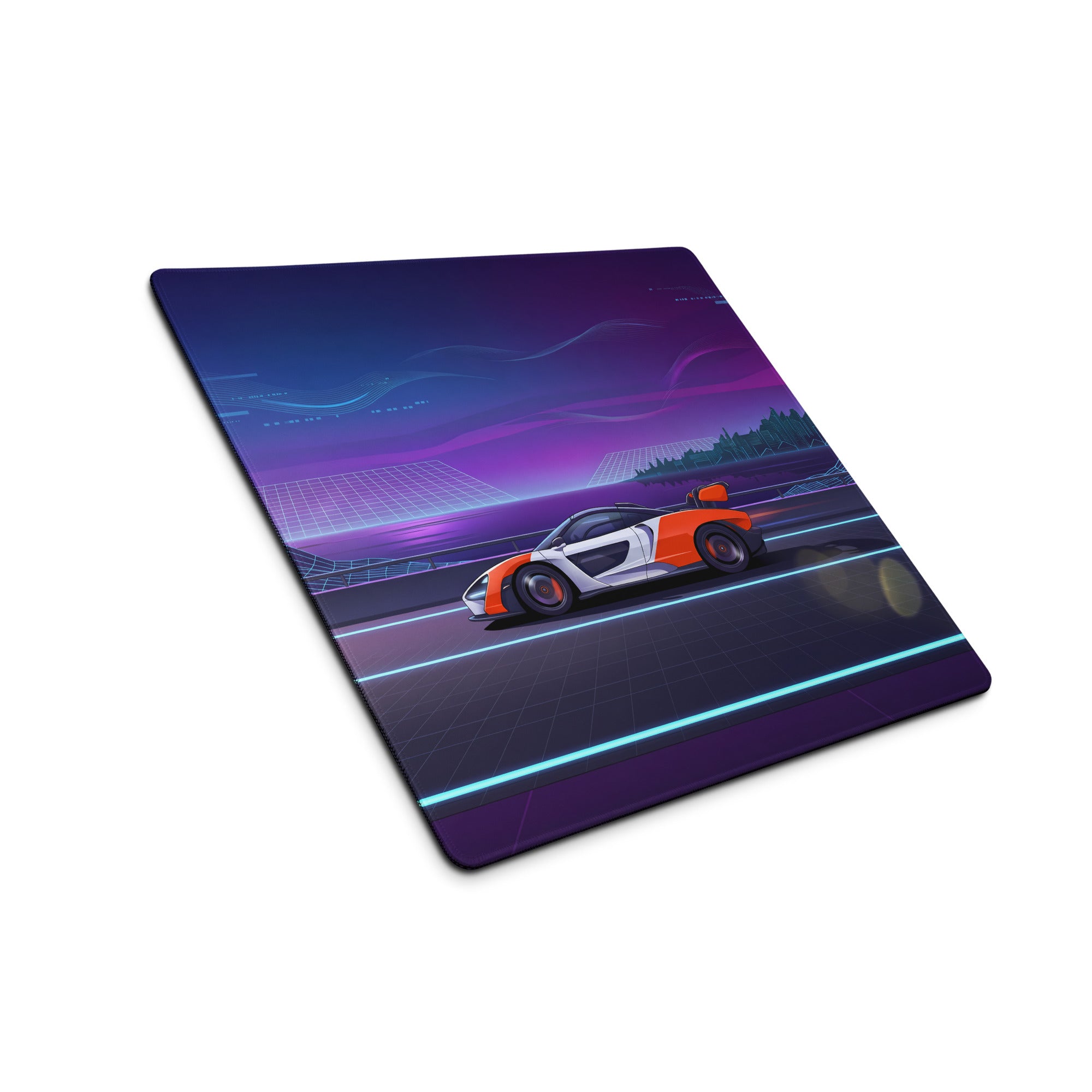 McLaren Senna Inspired Orange White Vaporwave Gaming Mouse Pad – Neon Cyber City Highway Desk Mat, Retro Futuristic Synthwave Hypercar Digital Art