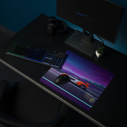 McLaren Senna Inspired Orange White Vaporwave Gaming Mouse Pad – Neon Cyber City Highway Desk Mat, Retro Futuristic Synthwave Hypercar Digital Art