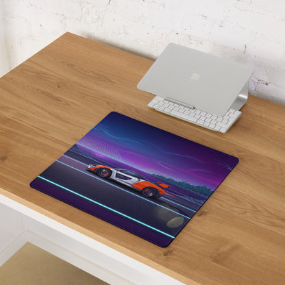 McLaren Senna Inspired Orange White Vaporwave Gaming Mouse Pad – Neon Cyber City Highway Desk Mat, Retro Futuristic Synthwave Hypercar Digital Art
