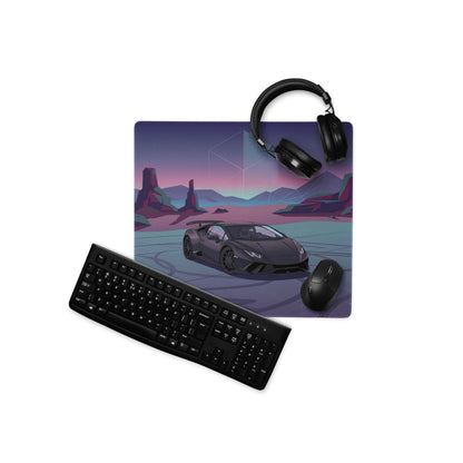 Lamborghini Huracán Performante Inspired Matte Black Vaporwave Gaming Mouse Pad – Neon Desert Crystal Desk Mat, Retro Futuristic Supercar Digital Art