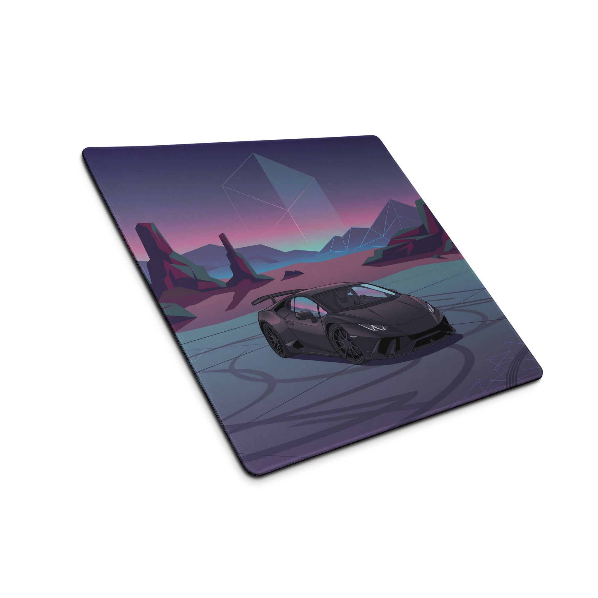 Lamborghini Huracán Performante Inspired Matte Black Vaporwave Gaming Mouse Pad – Neon Desert Crystal Desk Mat, Retro Futuristic Supercar Digital Art