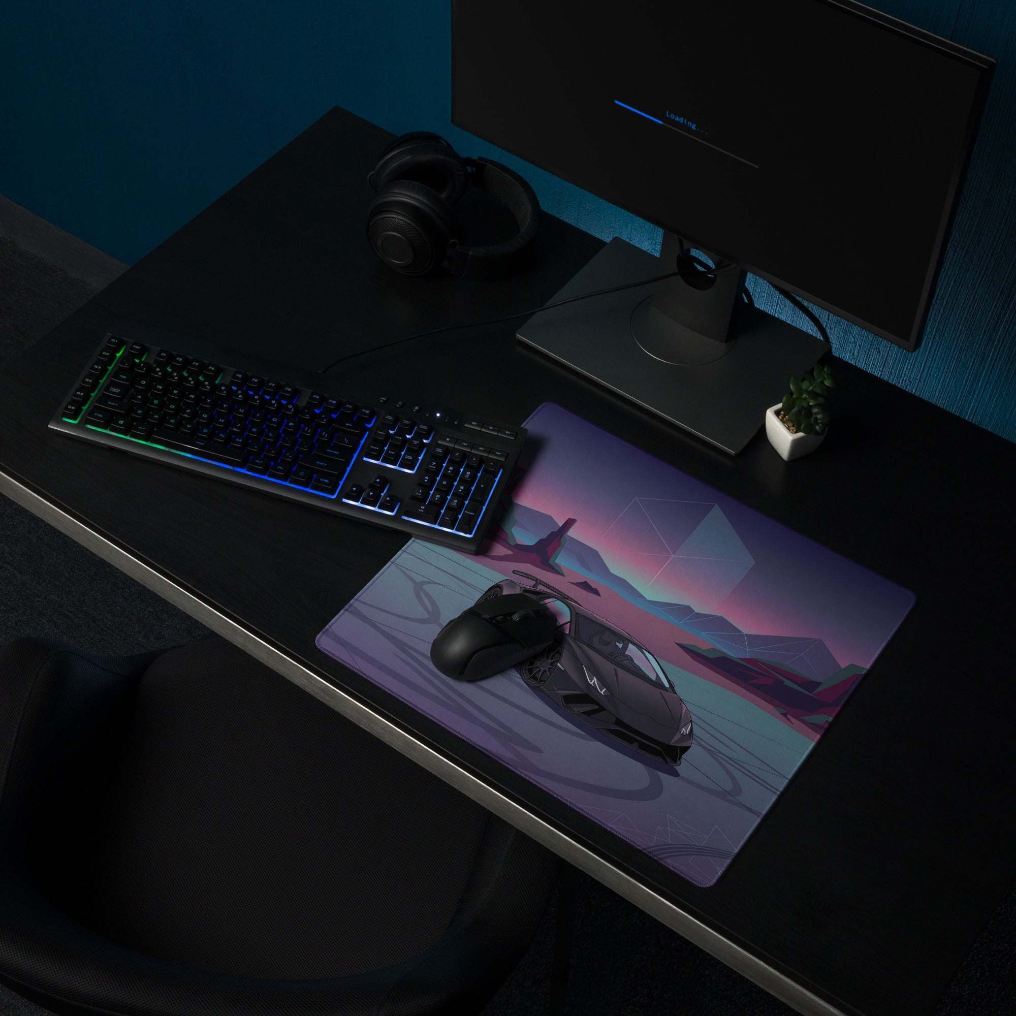 Lamborghini Huracán Performante Inspired Matte Black Vaporwave Gaming Mouse Pad – Neon Desert Crystal Desk Mat, Retro Futuristic Supercar Digital Art