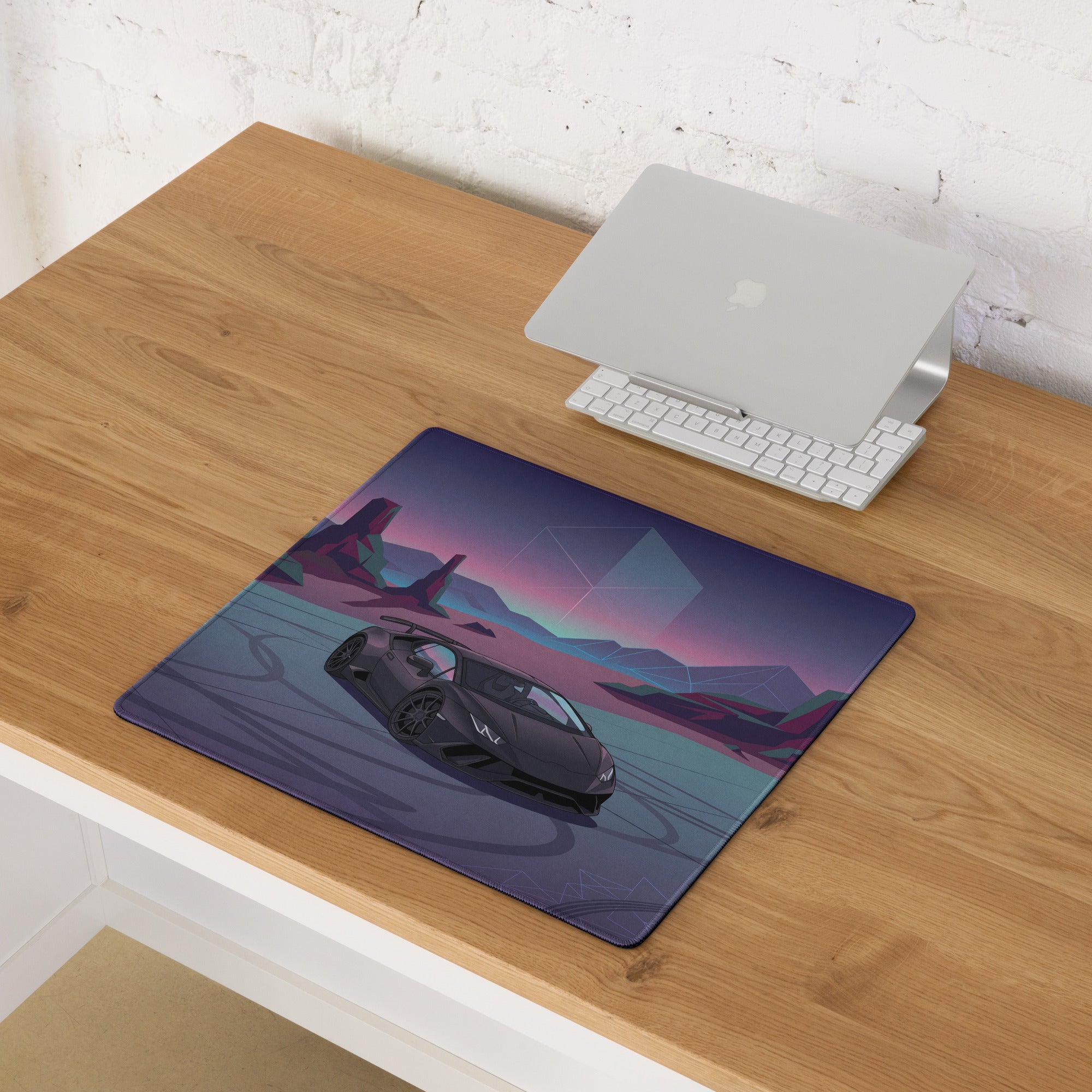 Lamborghini Huracán Performante Inspired Matte Black Vaporwave Gaming Mouse Pad – Neon Desert Crystal Desk Mat, Retro Futuristic Supercar Digital Art