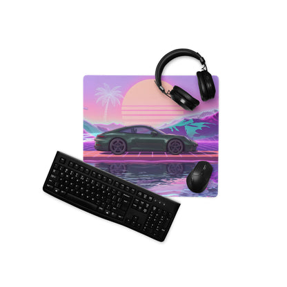 Porsche 911 GT3 Touring Inspired Forest Green Vaporwave Gaming Mouse Pad – Neon Sunset Mountain Desk Mat, Retro Futuristic Synthwave Sports Car Art