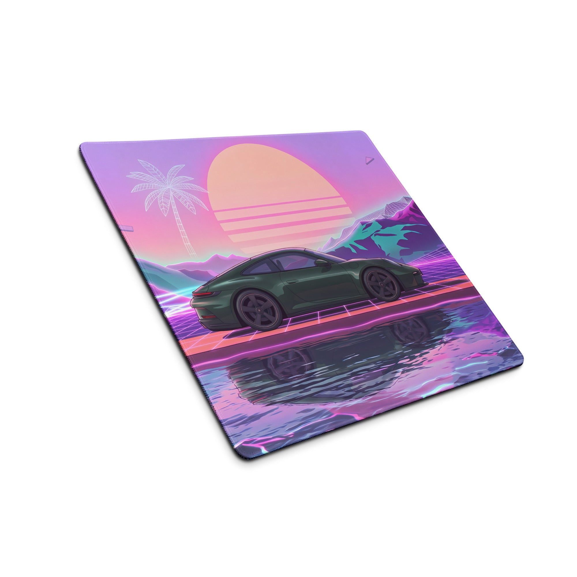 Porsche 911 GT3 Touring Inspired Forest Green Vaporwave Gaming Mouse Pad – Neon Sunset Mountain Desk Mat, Retro Futuristic Synthwave Sports Car Art
