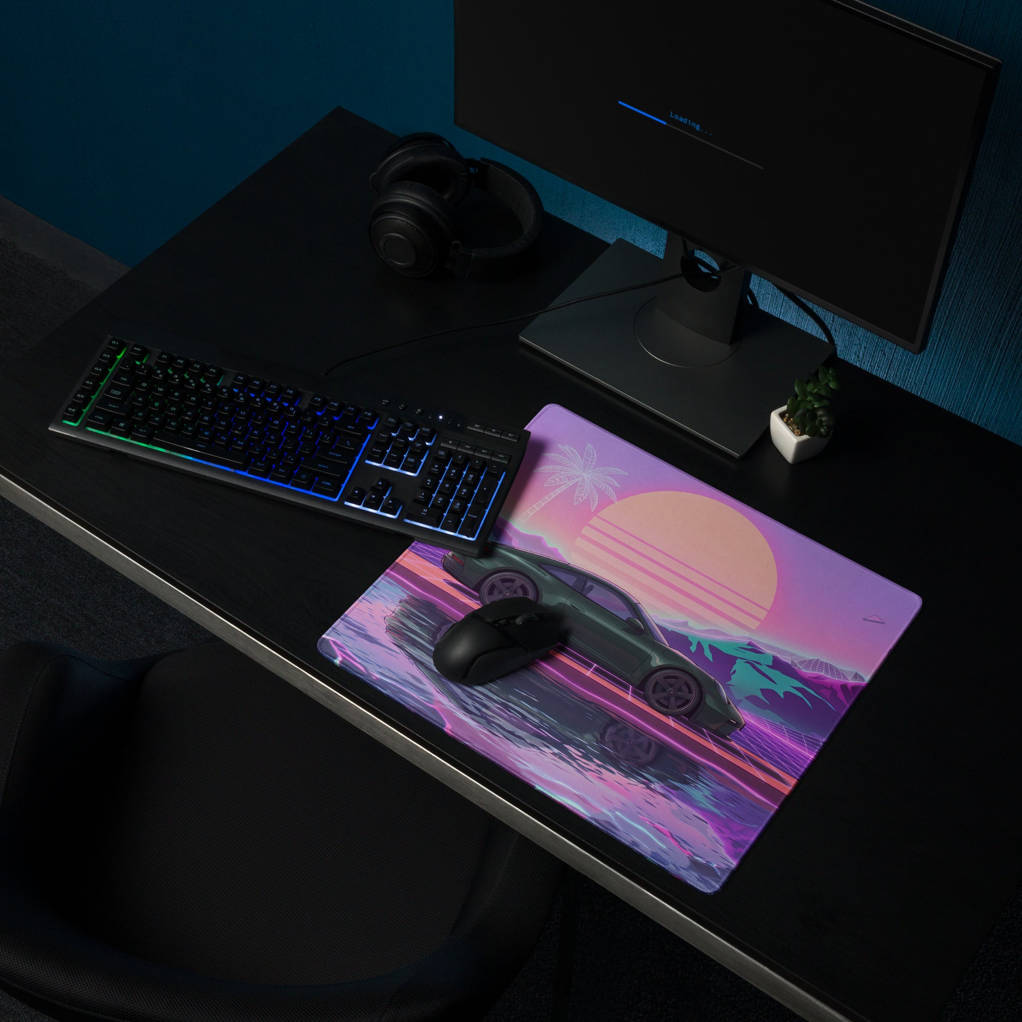 Porsche 911 GT3 Touring Inspired Forest Green Vaporwave Gaming Mouse Pad – Neon Sunset Mountain Desk Mat, Retro Futuristic Synthwave Sports Car Art