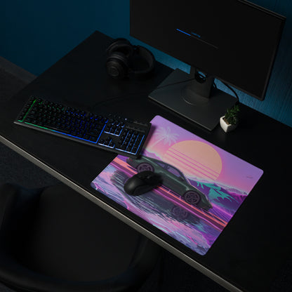 Porsche 911 GT3 Touring Inspired Forest Green Vaporwave Gaming Mouse Pad – Neon Sunset Mountain Desk Mat, Retro Futuristic Synthwave Sports Car Art