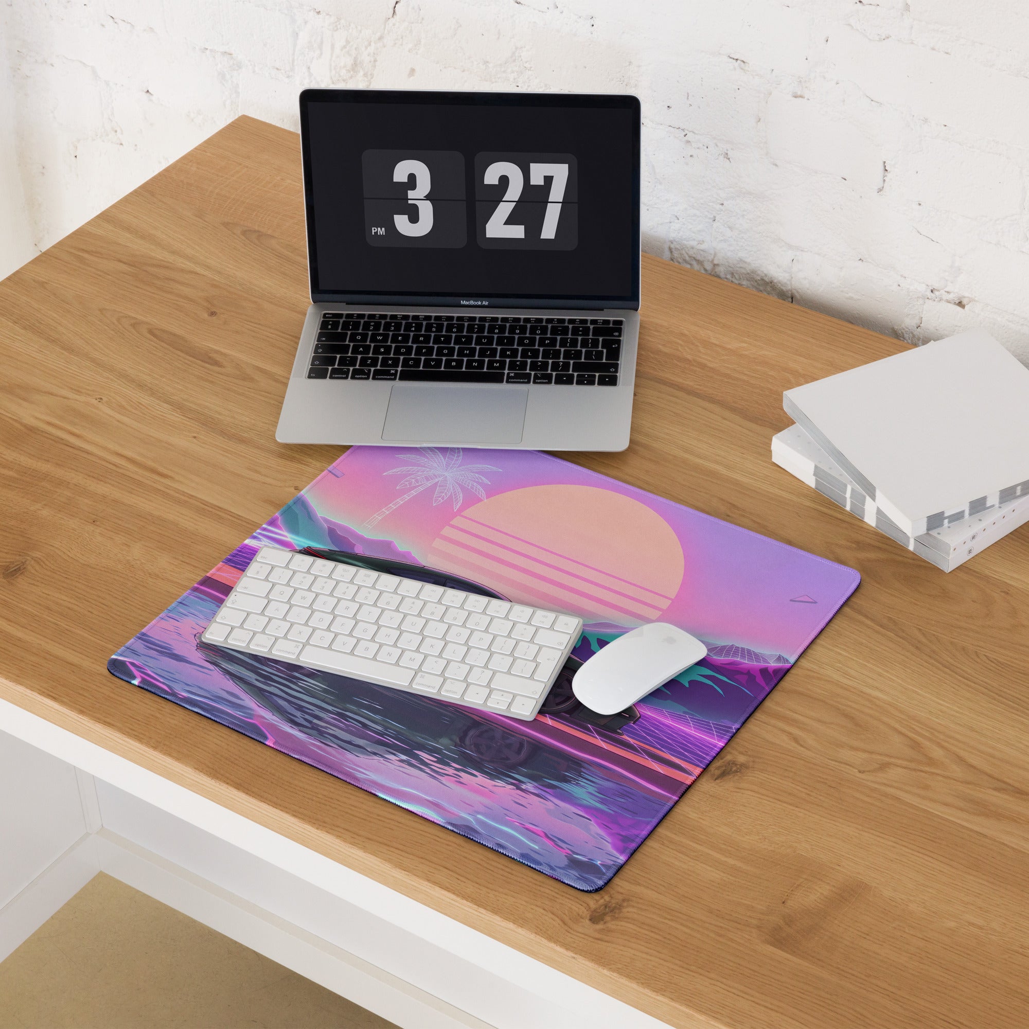 Porsche 911 GT3 Touring Inspired Forest Green Vaporwave Gaming Mouse Pad – Neon Sunset Mountain Desk Mat, Retro Futuristic Synthwave Sports Car Art