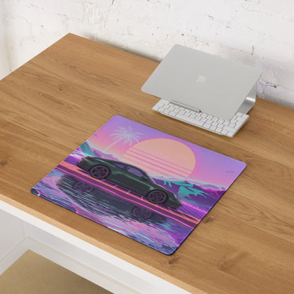 Porsche 911 GT3 Touring Inspired Forest Green Vaporwave Gaming Mouse Pad – Neon Sunset Mountain Desk Mat, Retro Futuristic Synthwave Sports Car Art