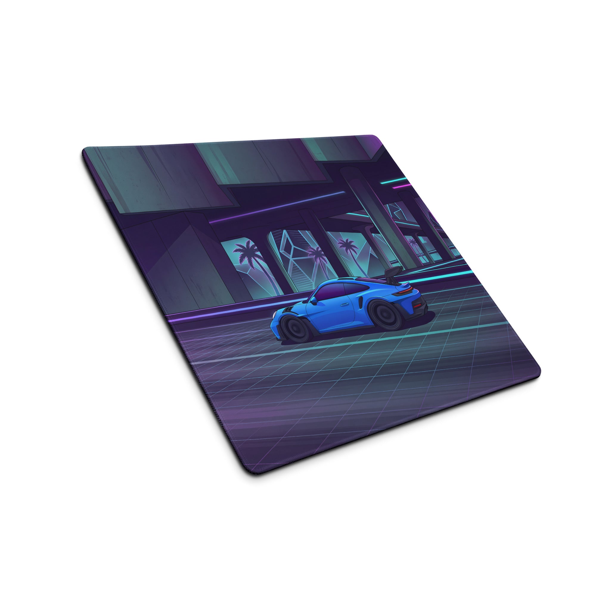 Porsche 911 GT3 RS Inspired Electric Blue Vaporwave Gaming Mouse Pad – Neon Cyber City Highway Desk Mat, Retro Futuristic Synthwave Sports Car Art