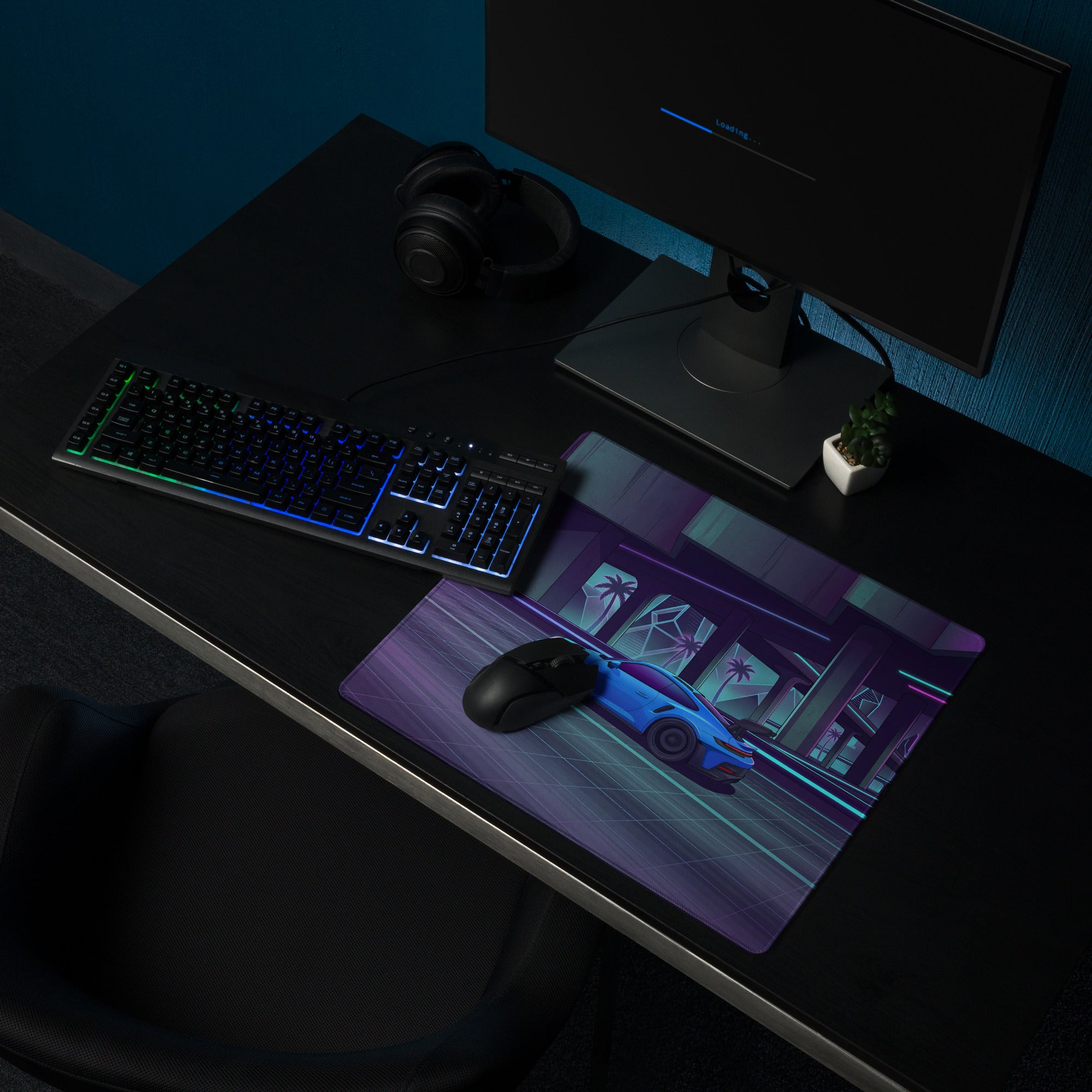 Porsche 911 GT3 RS Inspired Electric Blue Vaporwave Gaming Mouse Pad – Neon Cyber City Highway Desk Mat, Retro Futuristic Synthwave Sports Car Art