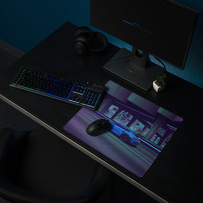 Porsche 911 GT3 RS Inspired Electric Blue Vaporwave Gaming Mouse Pad – Neon Cyber City Highway Desk Mat, Retro Futuristic Synthwave Sports Car Art