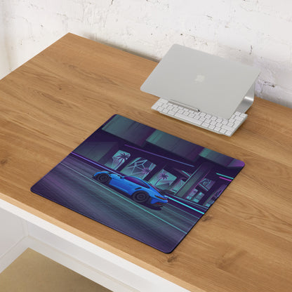 Porsche 911 GT3 RS Inspired Electric Blue Vaporwave Gaming Mouse Pad – Neon Cyber City Highway Desk Mat, Retro Futuristic Synthwave Sports Car Art