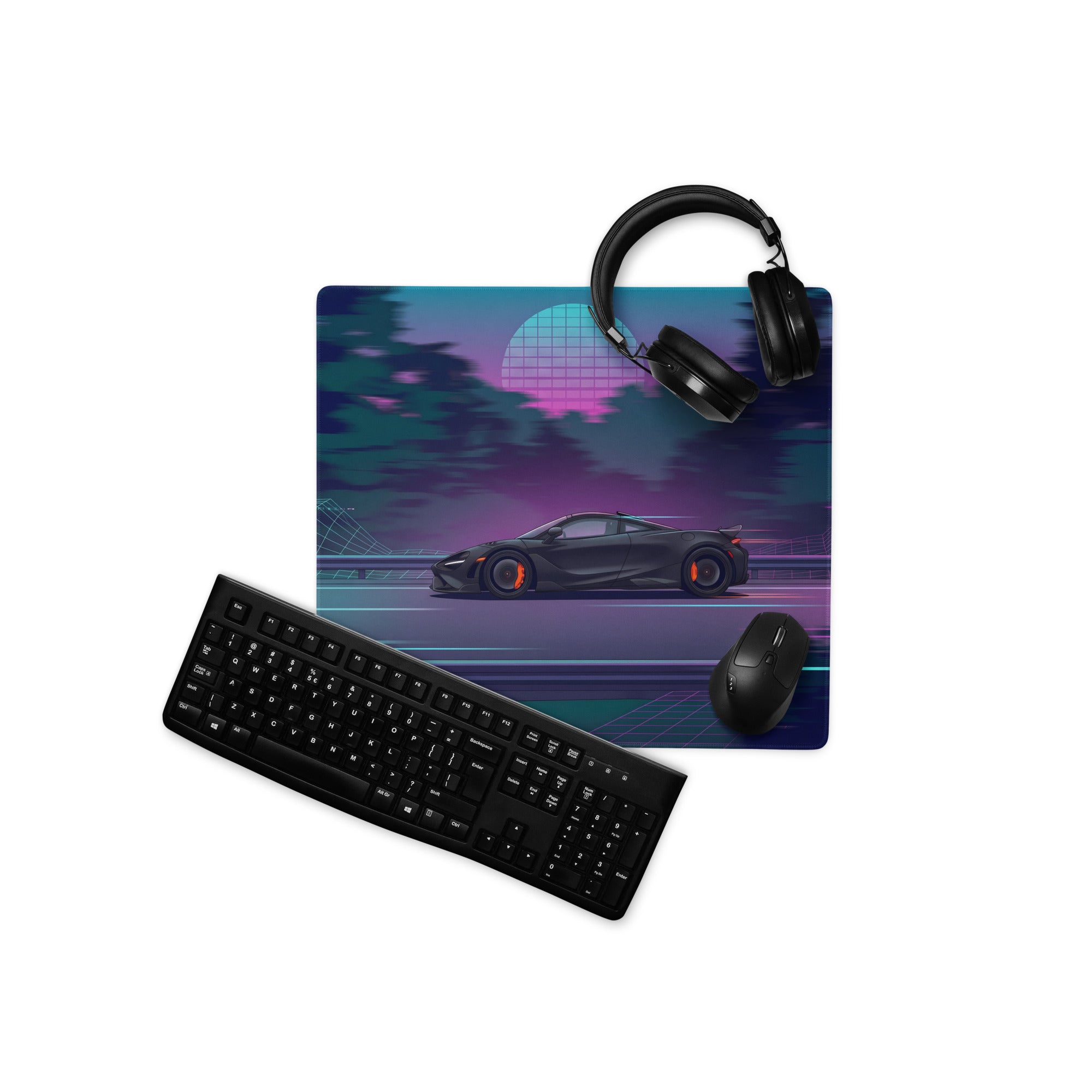 McLaren 765LT Inspired Matte Black Vaporwave Gaming Mouse Pad – Neon Forest Highway Desk Mat, Retro Futuristic Synthwave Supercar Digital Art