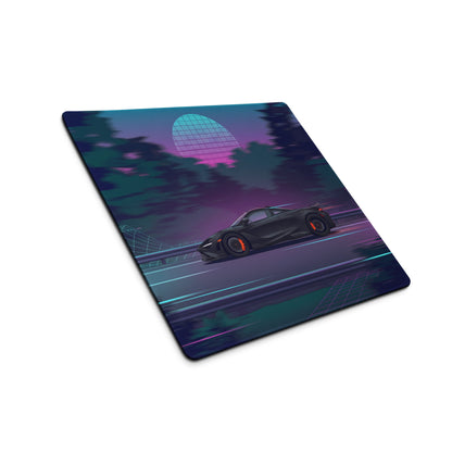 McLaren 765LT Inspired Matte Black Vaporwave Gaming Mouse Pad – Neon Forest Highway Desk Mat, Retro Futuristic Synthwave Supercar Digital Art