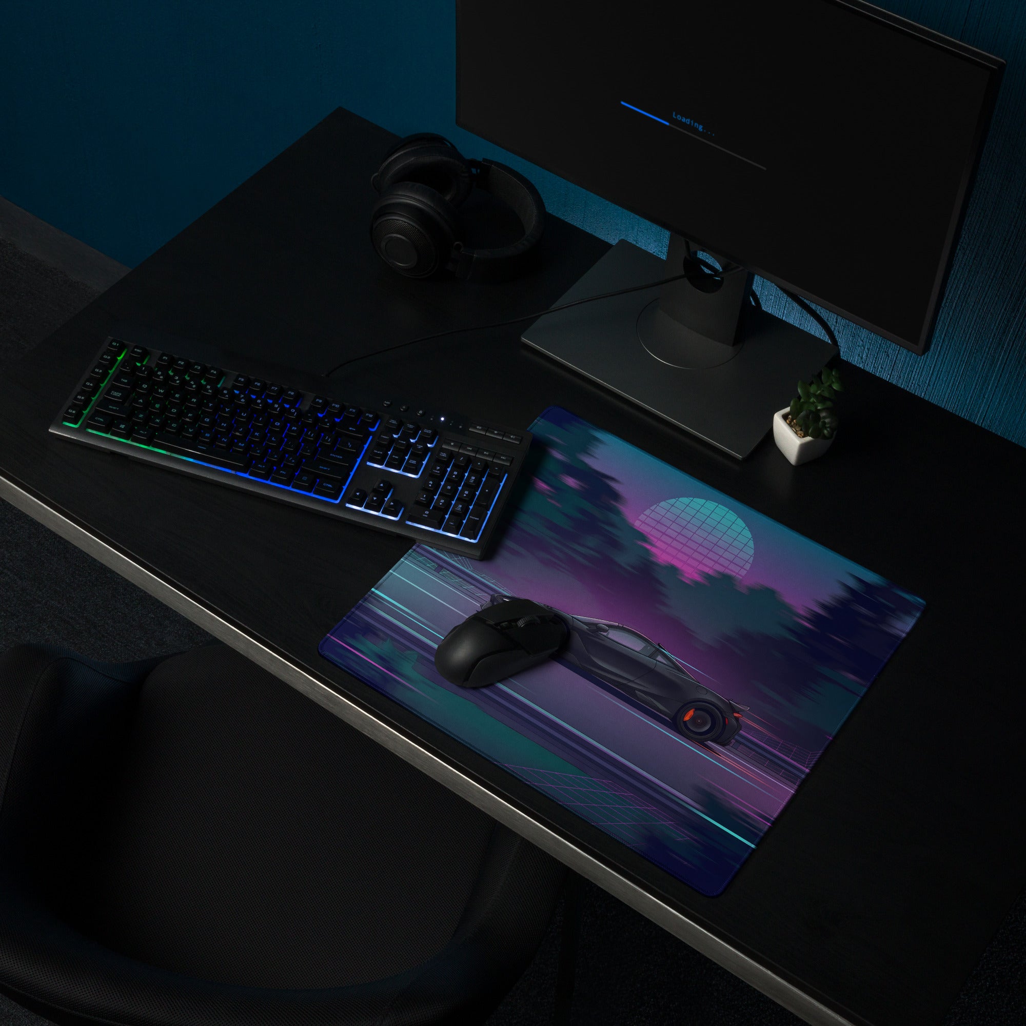 McLaren 765LT Inspired Matte Black Vaporwave Gaming Mouse Pad – Neon Forest Highway Desk Mat, Retro Futuristic Synthwave Supercar Digital Art