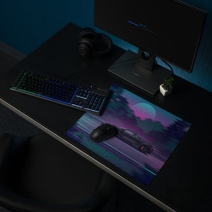 McLaren 765LT Inspired Matte Black Vaporwave Gaming Mouse Pad – Neon Forest Highway Desk Mat, Retro Futuristic Synthwave Supercar Digital Art