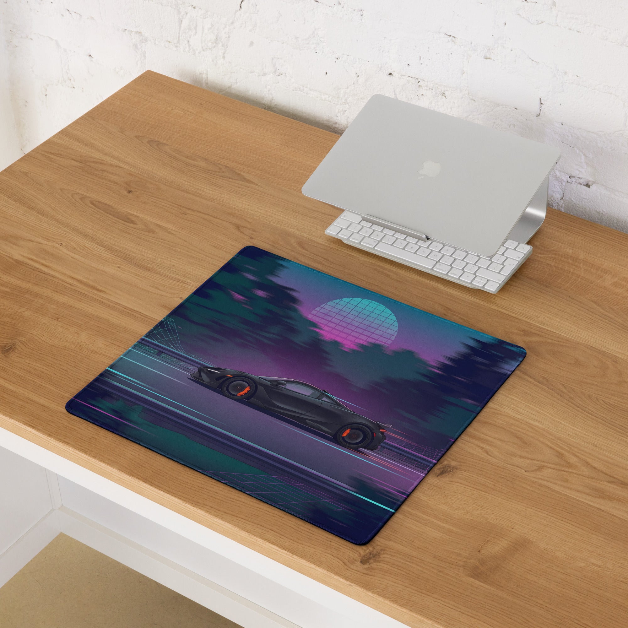 McLaren 765LT Inspired Matte Black Vaporwave Gaming Mouse Pad – Neon Forest Highway Desk Mat, Retro Futuristic Synthwave Supercar Digital Art