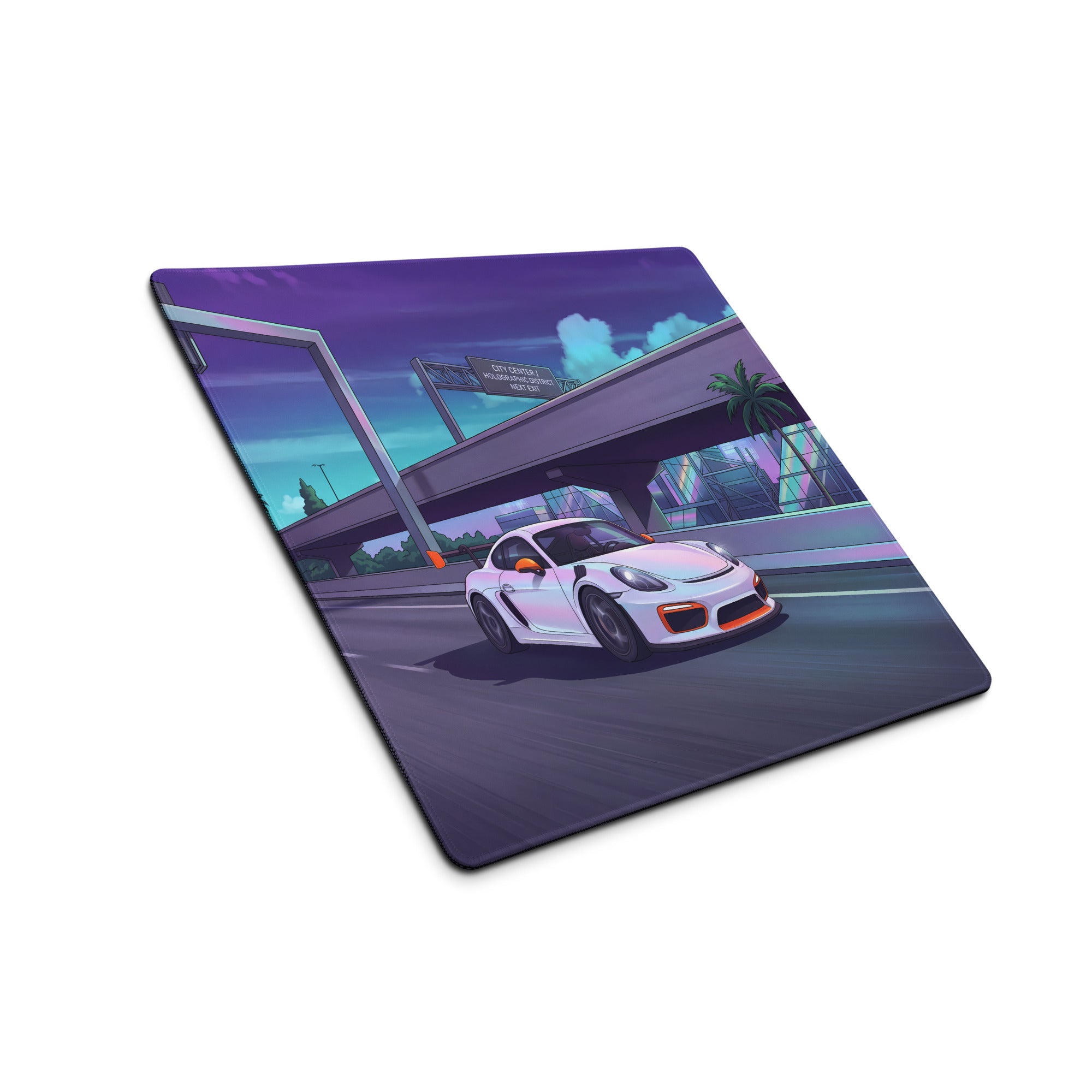 Porsche 718 Cayman GT4 RS Inspired White Vaporwave Gaming Mouse Pad – Neon Palm City Highway Desk Mat, Retro Futuristic Sports Car Digital Art
