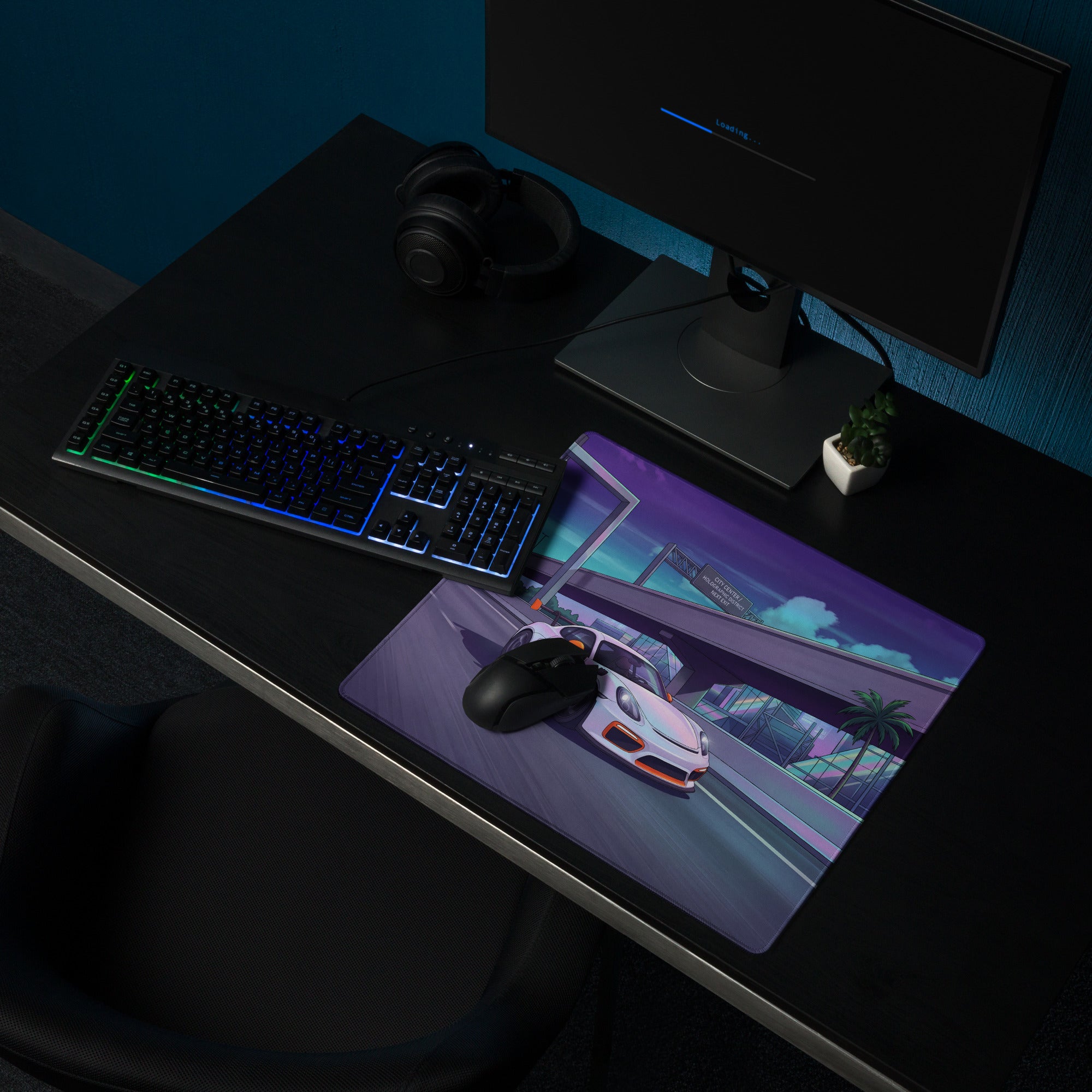 Porsche 718 Cayman GT4 RS Inspired White Vaporwave Gaming Mouse Pad – Neon Palm City Highway Desk Mat, Retro Futuristic Sports Car Digital Art