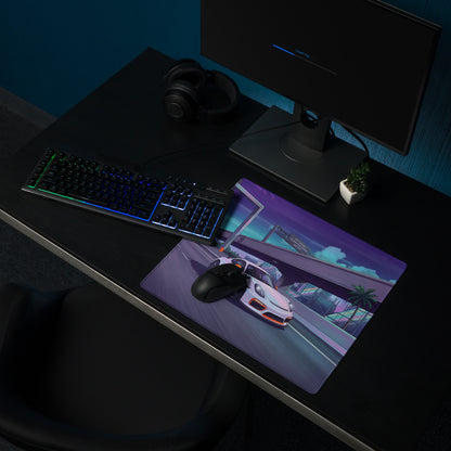 Porsche 718 Cayman GT4 RS Inspired White Vaporwave Gaming Mouse Pad – Neon Palm City Highway Desk Mat, Retro Futuristic Sports Car Digital Art