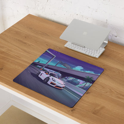 Porsche 718 Cayman GT4 RS Inspired White Vaporwave Gaming Mouse Pad – Neon Palm City Highway Desk Mat, Retro Futuristic Sports Car Digital Art
