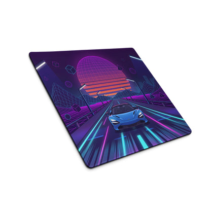 McLaren 720S Spider Inspired Blue Vaporwave Gaming Mouse Pad – Neon Grid Highway Desk Mat, Retro Futuristic Synthwave Supercar Digital Art