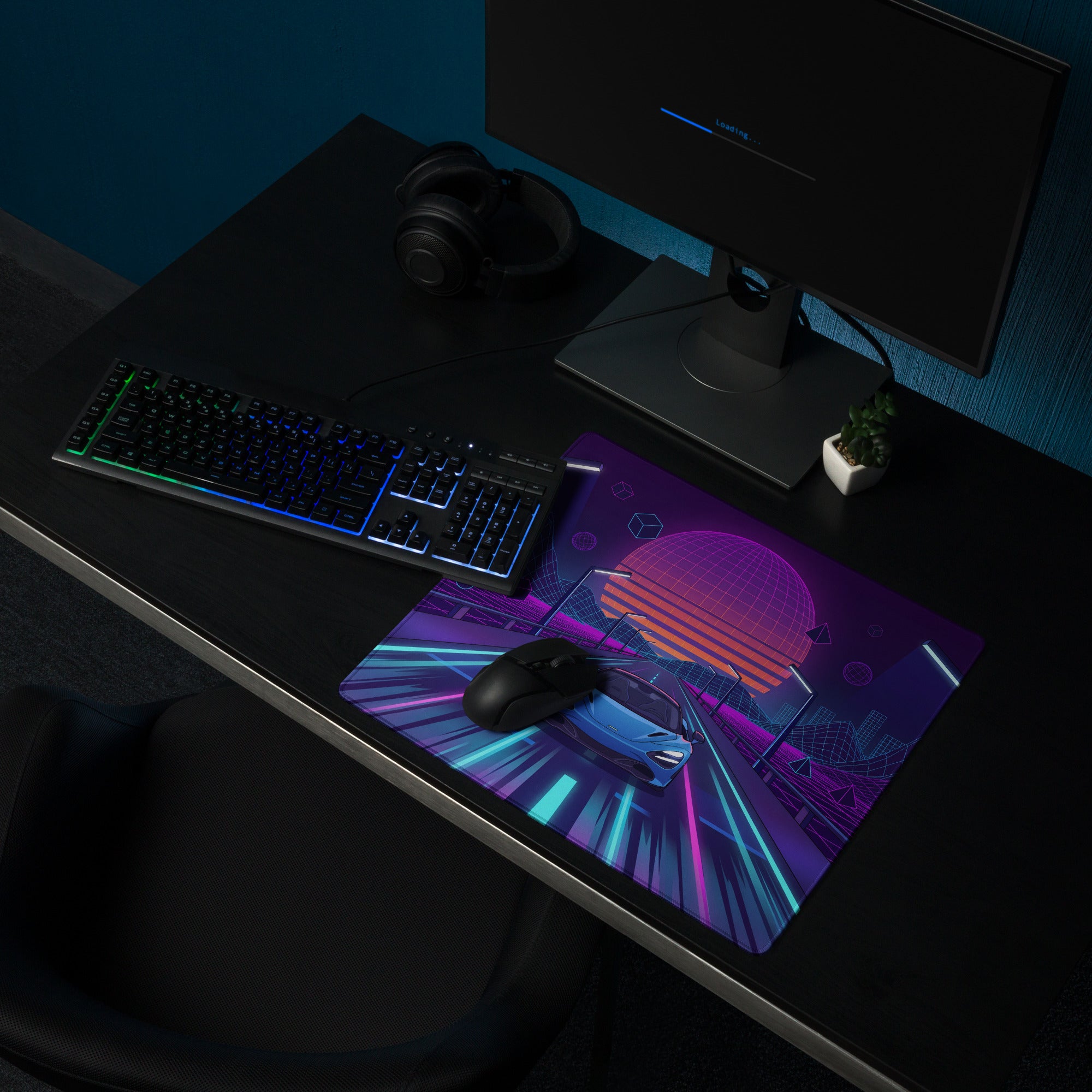 McLaren 720S Spider Inspired Blue Vaporwave Gaming Mouse Pad – Neon Grid Highway Desk Mat, Retro Futuristic Synthwave Supercar Digital Art