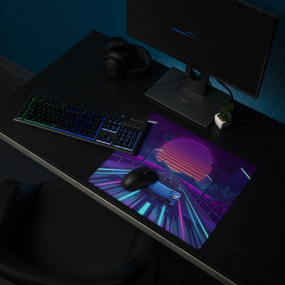 McLaren 720S Spider Inspired Blue Vaporwave Gaming Mouse Pad – Neon Grid Highway Desk Mat, Retro Futuristic Synthwave Supercar Digital Art