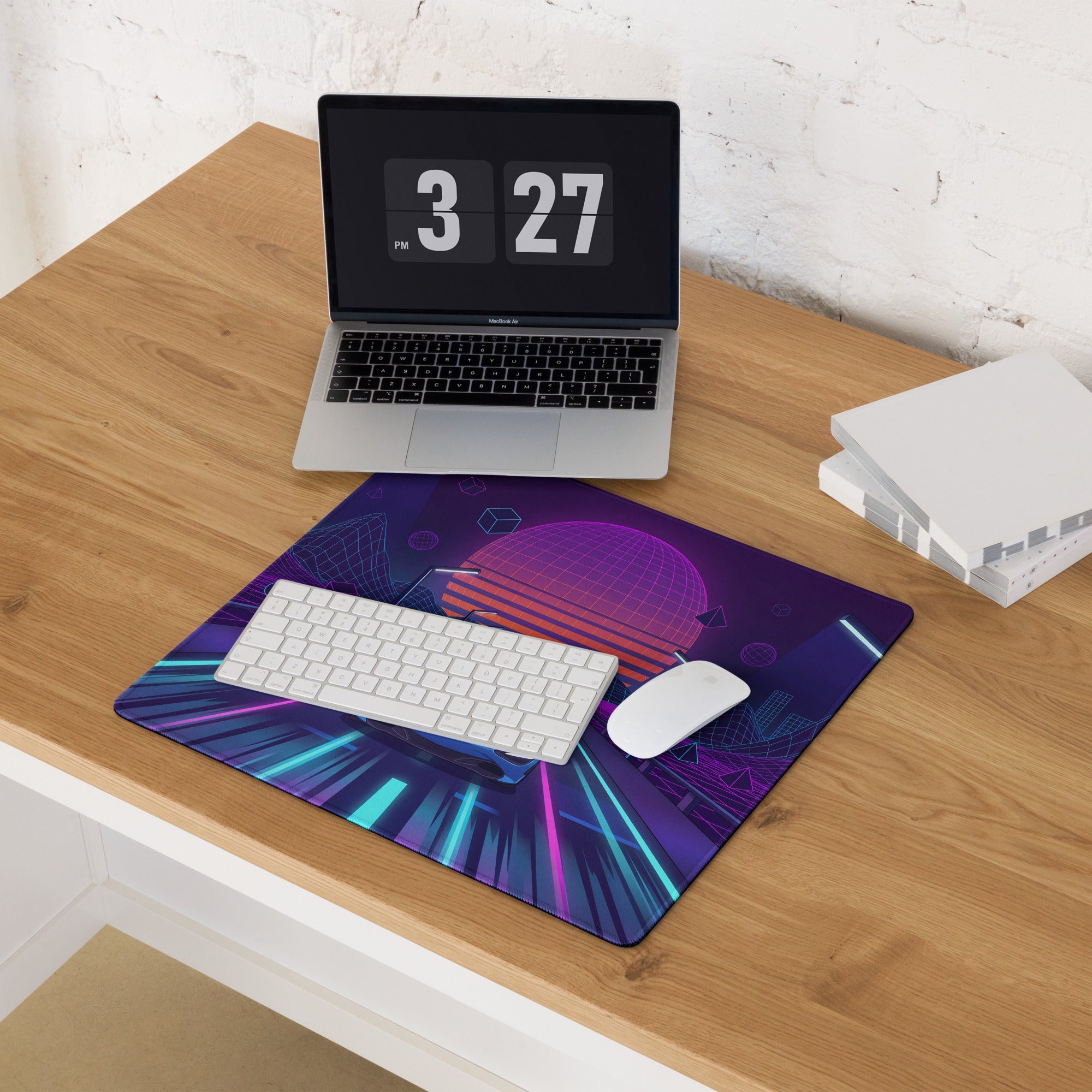 McLaren 720S Spider Inspired Blue Vaporwave Gaming Mouse Pad – Neon Grid Highway Desk Mat, Retro Futuristic Synthwave Supercar Digital Art