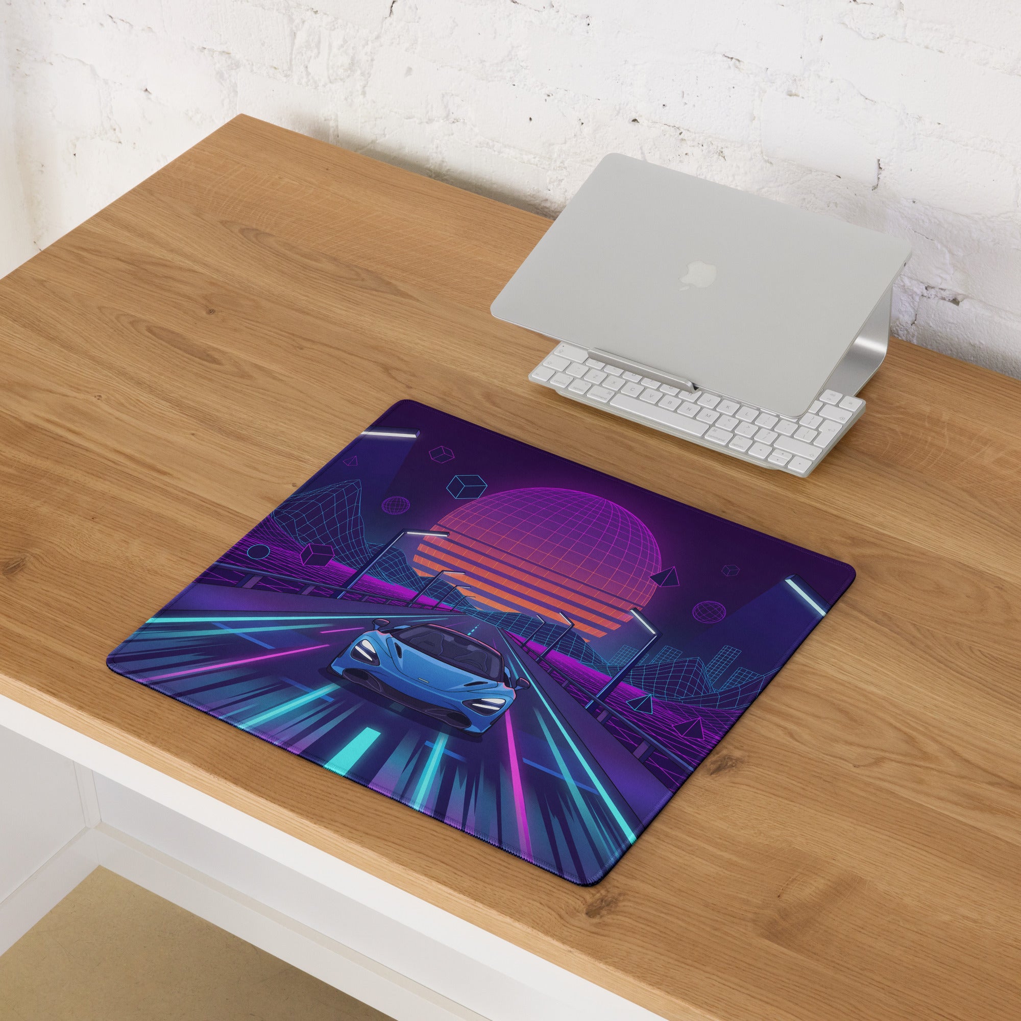 McLaren 720S Spider Inspired Blue Vaporwave Gaming Mouse Pad – Neon Grid Highway Desk Mat, Retro Futuristic Synthwave Supercar Digital Art