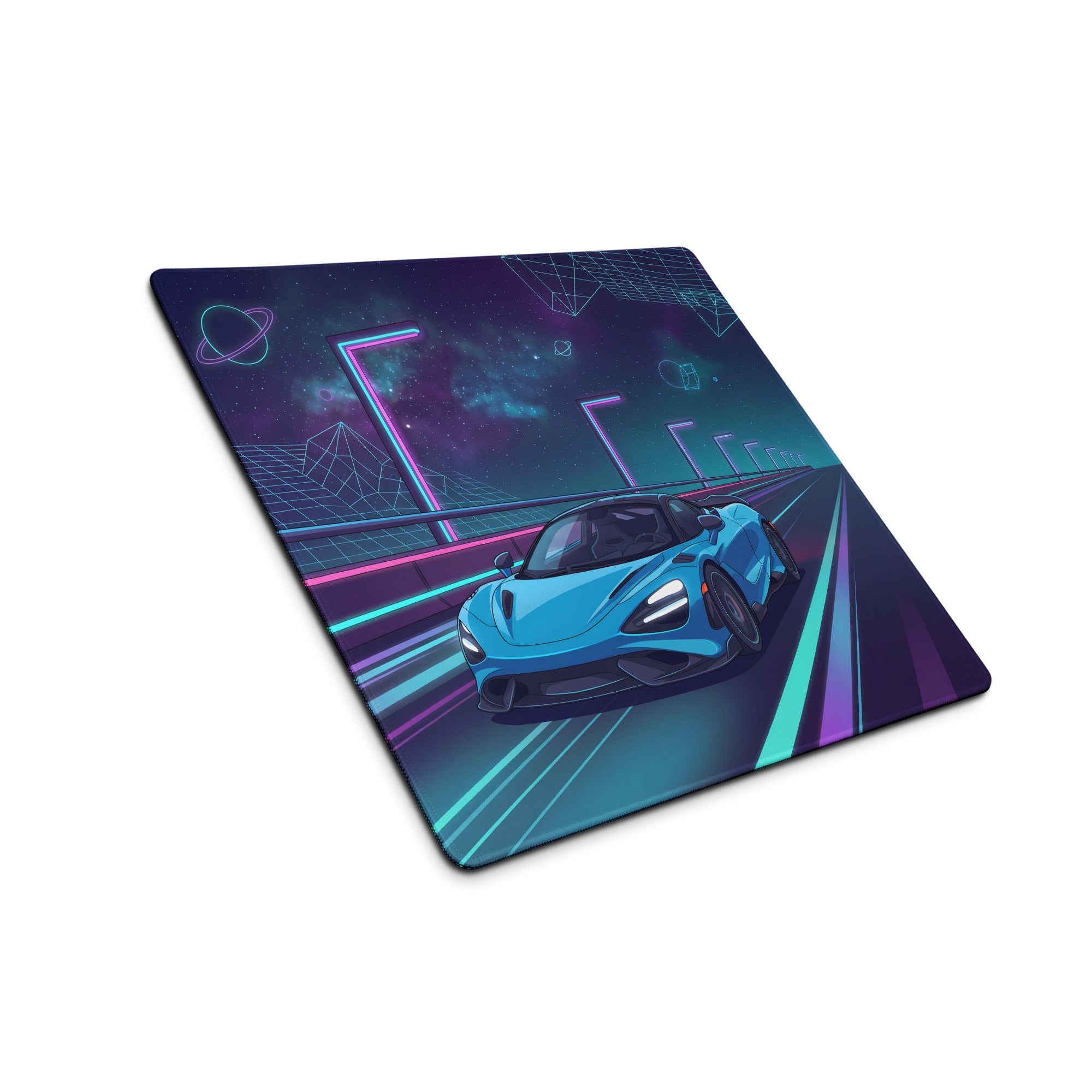 McLaren 765LT Inspired Cyan Blue Vaporwave Gaming Mouse Pad – Neon Cosmic Highway Desk Mat, Retro Futuristic Synthwave Supercar Digital Art