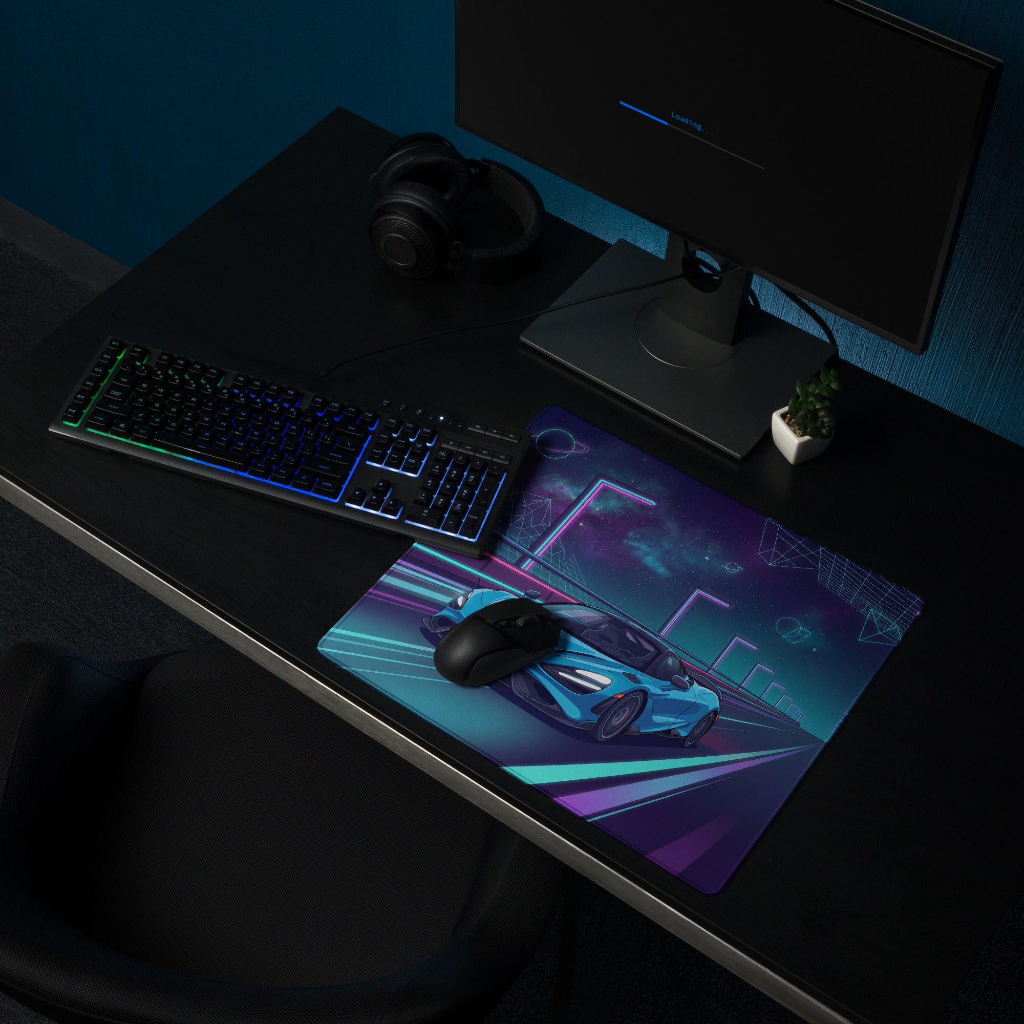 McLaren 765LT Inspired Cyan Blue Vaporwave Gaming Mouse Pad – Neon Cosmic Highway Desk Mat, Retro Futuristic Synthwave Supercar Digital Art