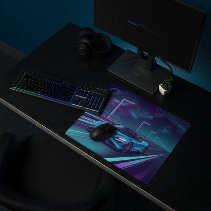 McLaren 765LT Inspired Cyan Blue Vaporwave Gaming Mouse Pad – Neon Cosmic Highway Desk Mat, Retro Futuristic Synthwave Supercar Digital Art