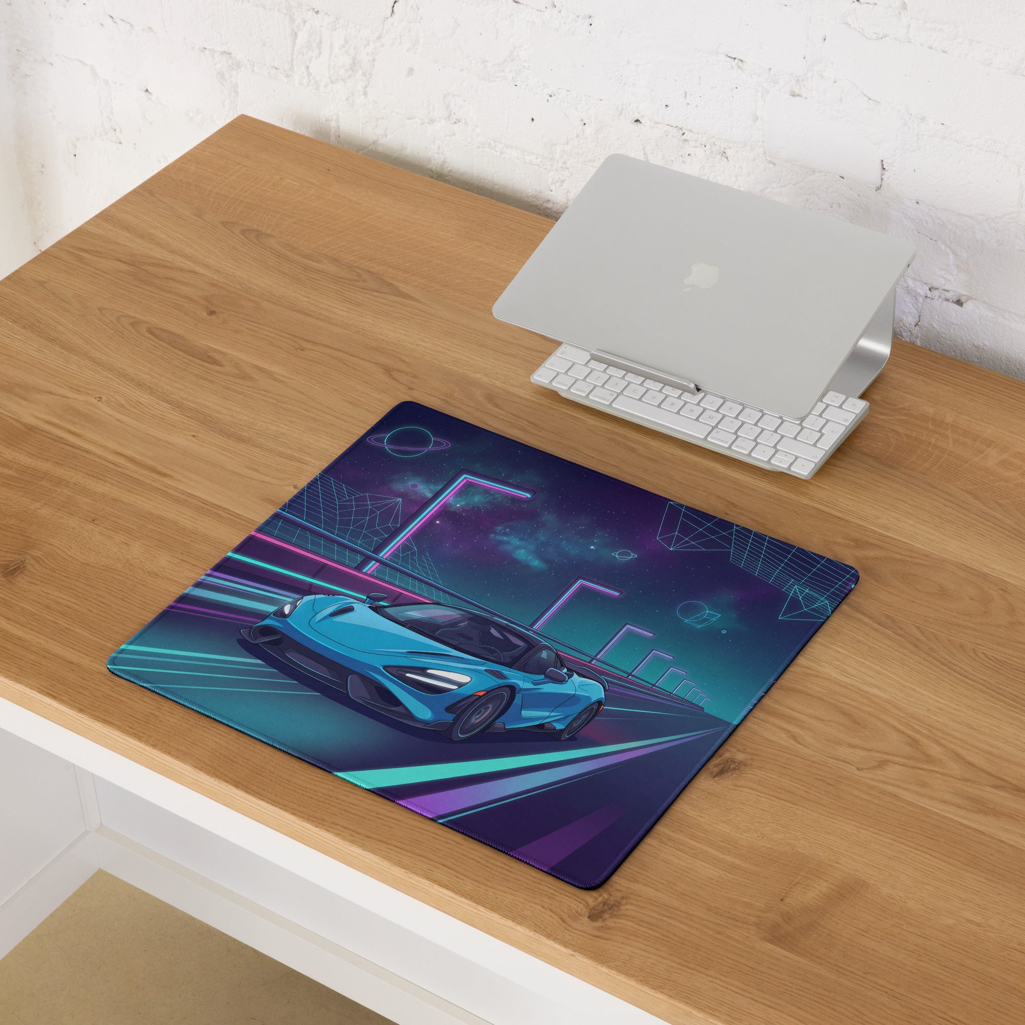 McLaren 765LT Inspired Cyan Blue Vaporwave Gaming Mouse Pad – Neon Cosmic Highway Desk Mat, Retro Futuristic Synthwave Supercar Digital Art